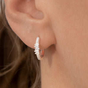 Sterling Silver Baguette Diamante Cz Hoop Earrings shown worn in a model's ear