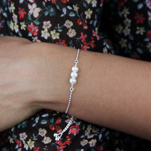 30th Birthday Pearl Sliding Bracelet shown worn around a model's wrist