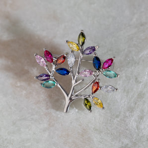 Close up of colourful Gemstone Sterling Silver Tree of Life Brooch