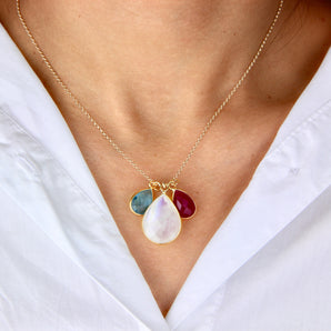 Gold Mother And Children Semi Precious Birthstone Necklace shown with 2 child stones and worn around a model's neck