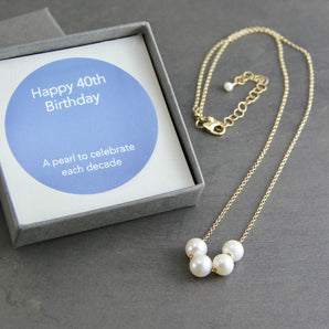 40th Birthday Floating Pearls Necklace shown with presentation gift box