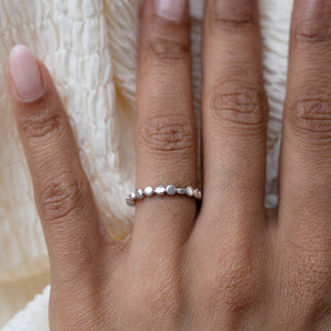 Sterling Silver Nugget Bead Ring shown worn on a model's finger
