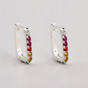 Close up view of Silver Multicolour Rectangular Hoop Earrings