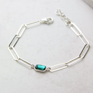 Sterling Silver Elongated Chain Emerald Bracelet
