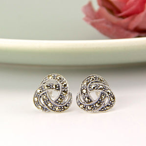 Close up view of Marcasite Sterling Silver Knot Earrings