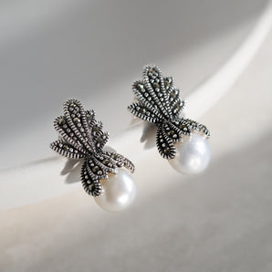 Marcasite Silver Pearl Stud Earrings