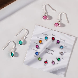 Silver Birthstone Earrings with Birthstones Chart Card