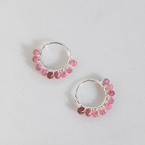 Close up view of Sterling Silver Pink Tourmaline Hoop Earrings
