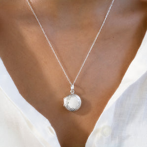 Model wearing Silver Round Locket Necklace