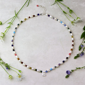 Freshwater Pearl And Rainbow Bead Initial Necklace