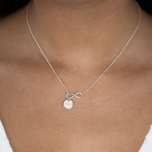 Sterling Silver Infinity Necklace with name disc on model