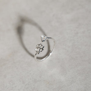 Close up view of Sterling Silver Paw and Heart Open Ring